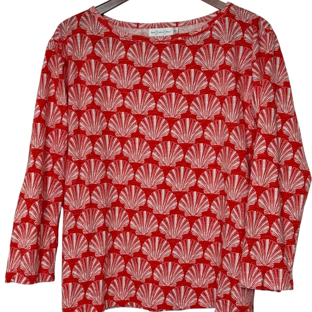 West Indies Wear Womens XL Coral White Seashell Print Cotton 3/4 Sleeve Top